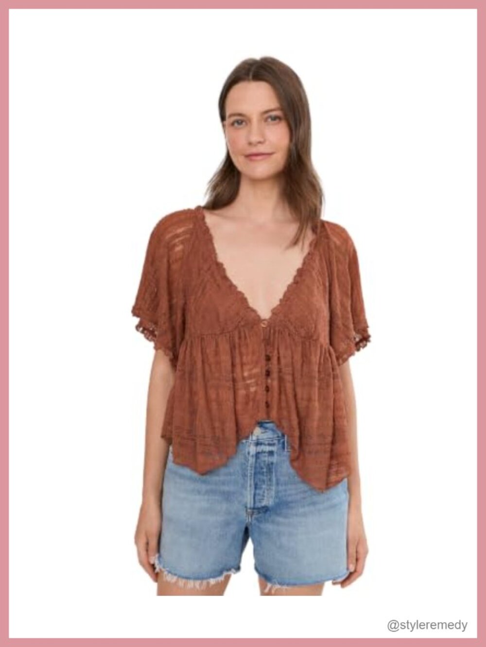 Lace Babydoll Top with Flutter Sleeves & Button Front